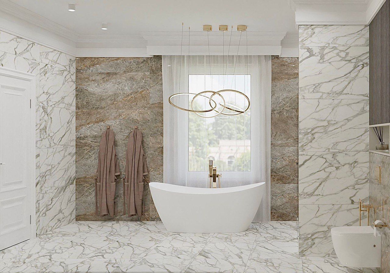 A bathroom with a bathtub , toilet , and window.