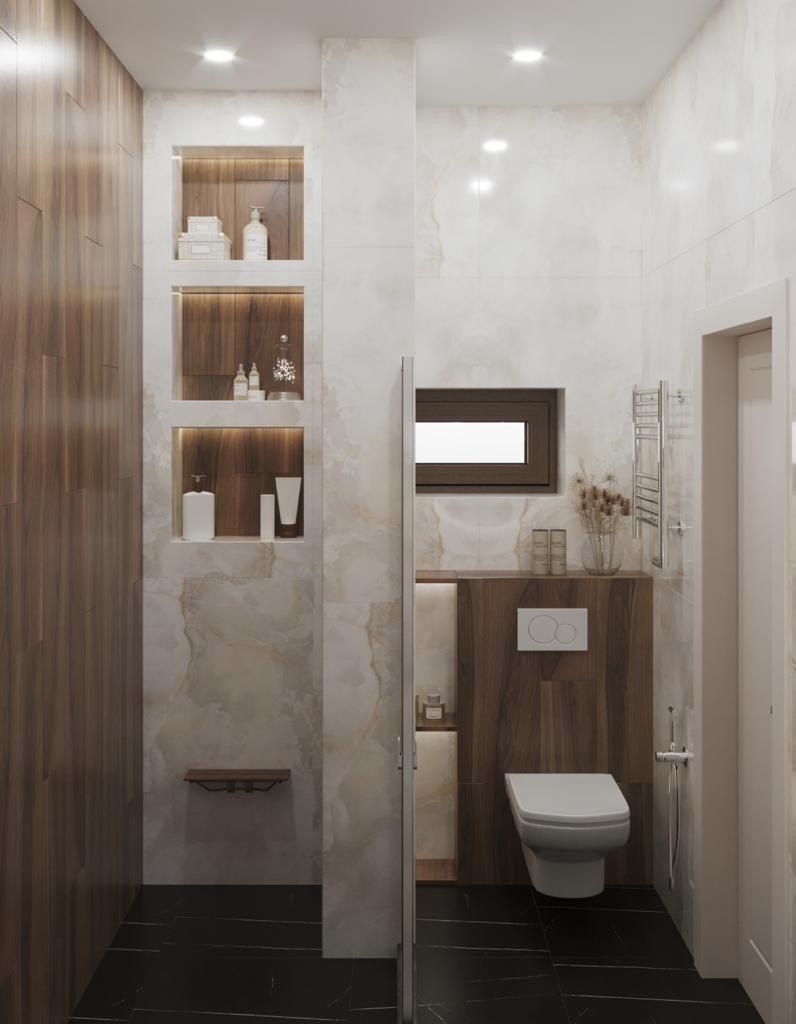 A bathroom with a toilet , sink , shelves and a window.