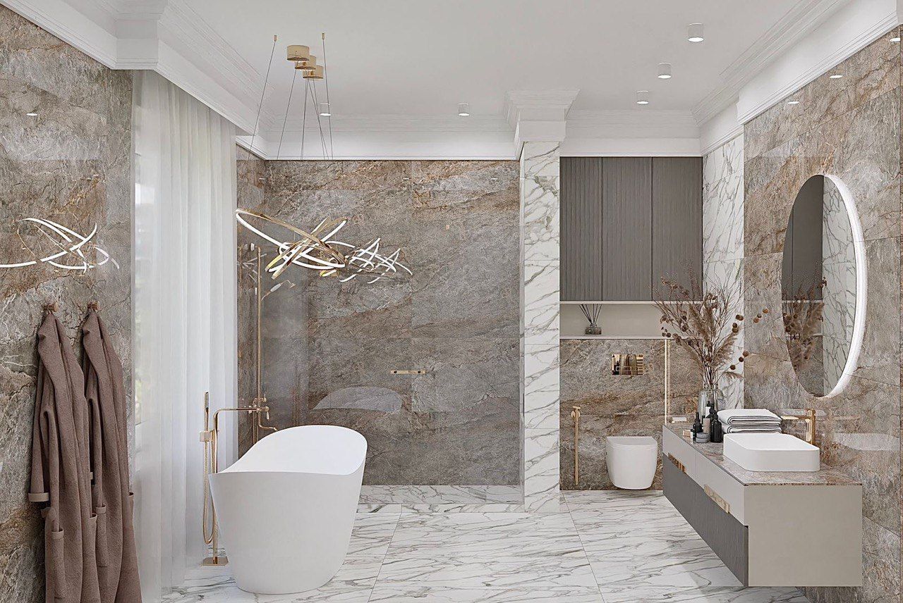 A bathroom with a bathtub , sink , toilet and shower.