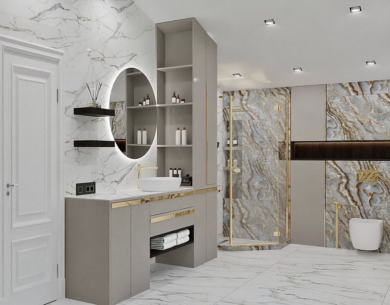 A bathroom with marble walls , a sink , a mirror and a toilet.