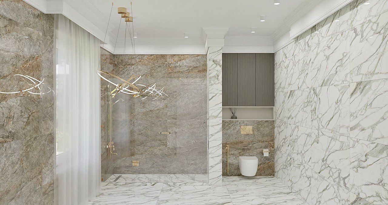 A bathroom with marble walls , a toilet , and a walk in shower.