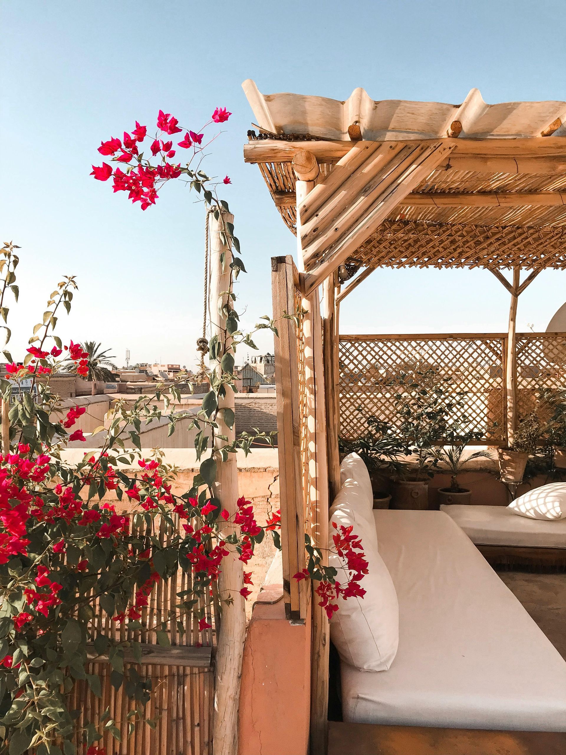 A couch is sitting under a pergola on a rooftop with flowers in the background.