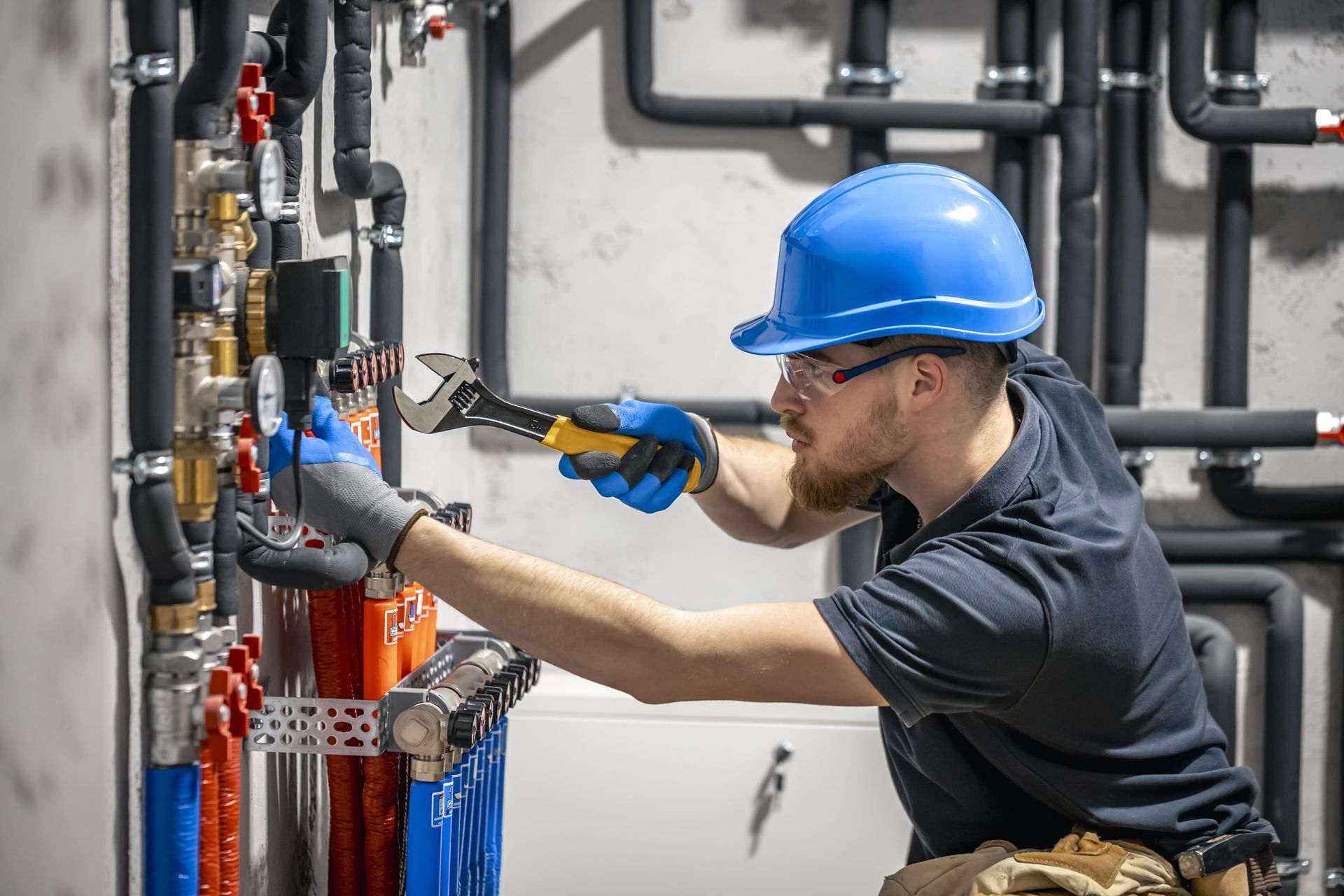 A man in a hard hat is working on a pipe with a wrench.