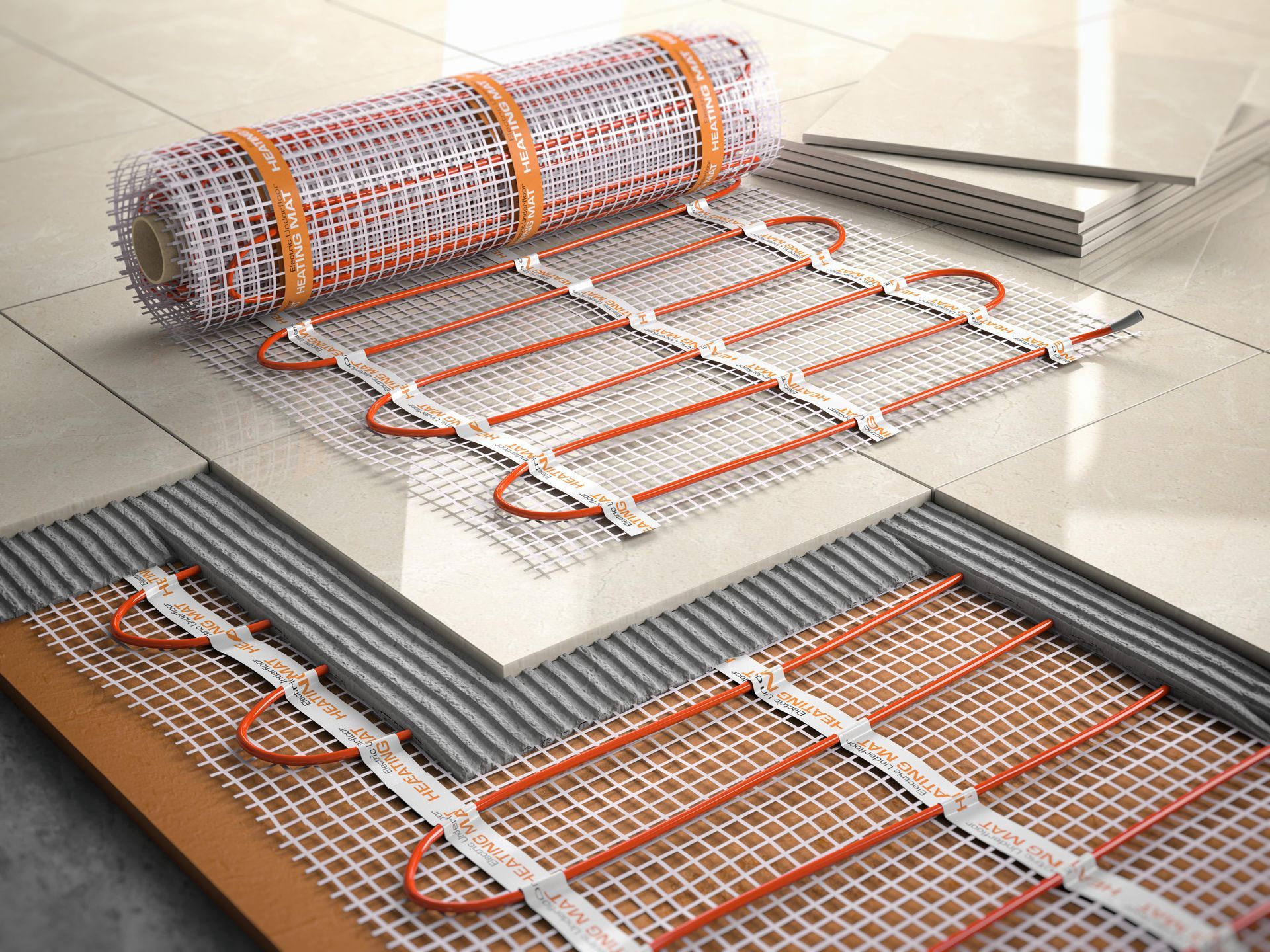 A roll of underfloor heating is being installed on a tiled floor.