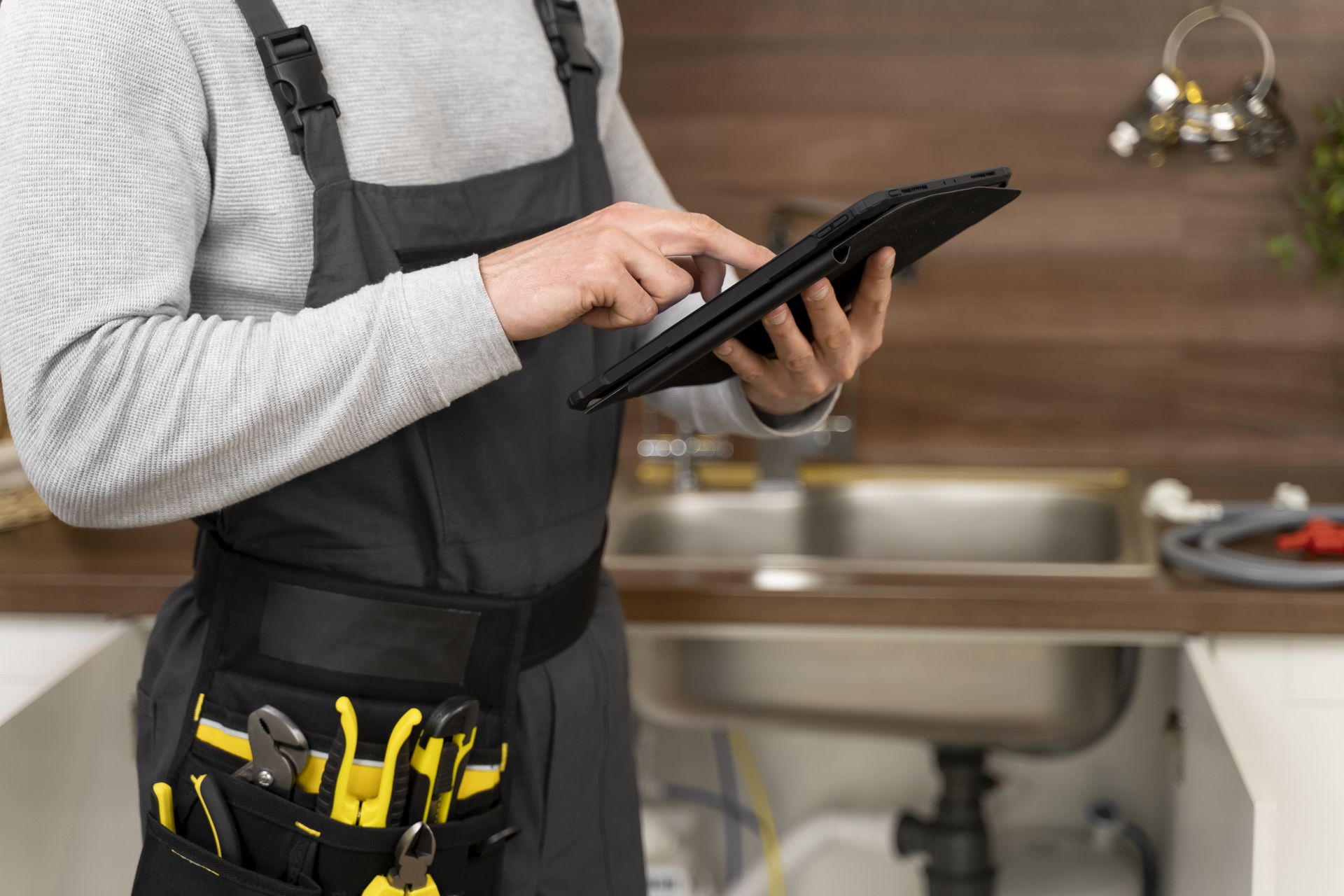 A plumber is using a tablet computer in a kitchen.