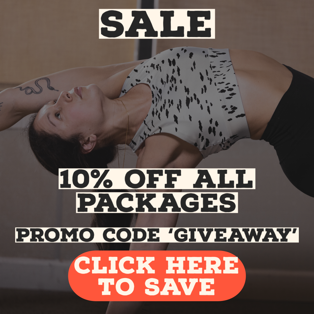 A woman is doing a yoga pose with the words sale 10 % off all packages promo code giveaway click here to save