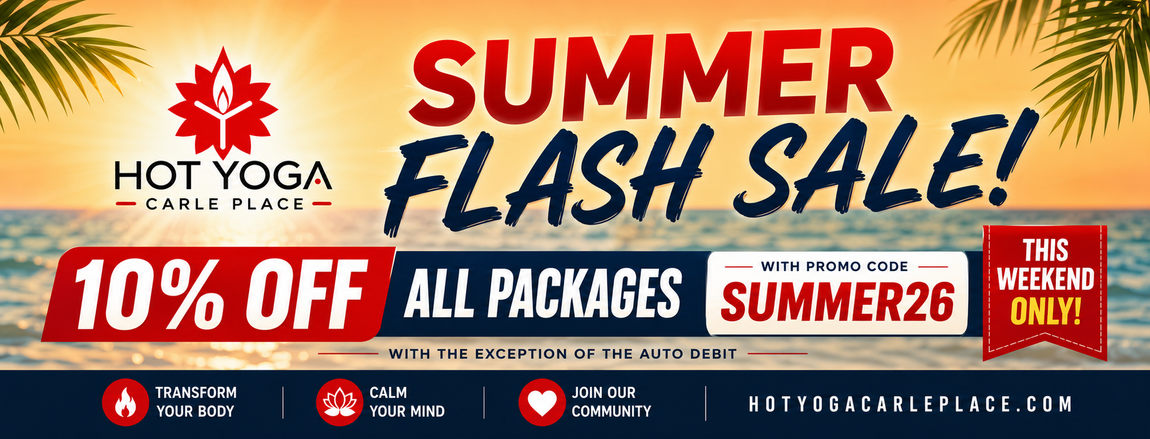 Hot Yoga hot summer flash sale banner: 10% off all packages, Summer26, red and blue on yellow background
