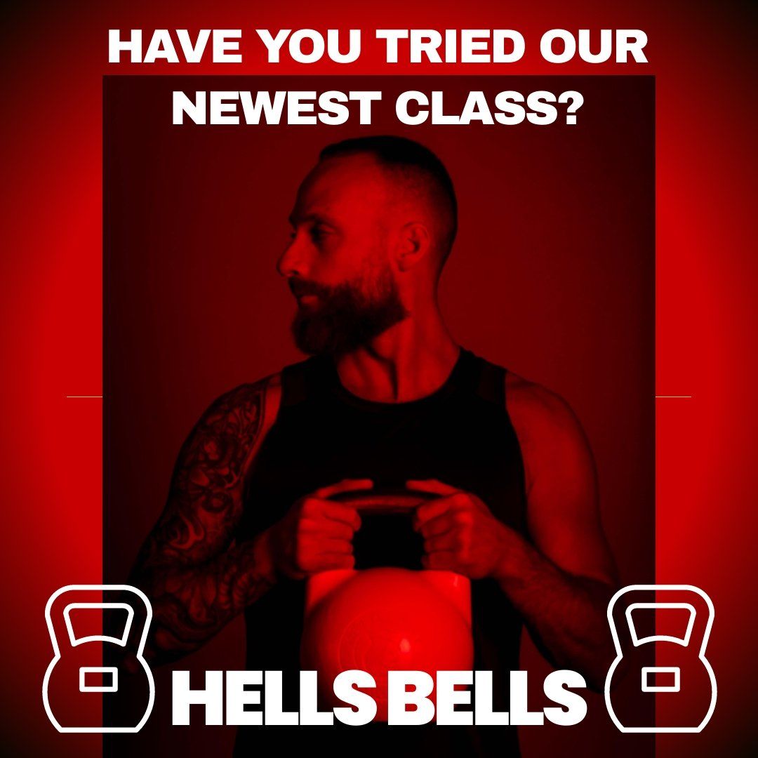 an advertisement for hells bells shows a tommy holding a kettlebell in nassau county
