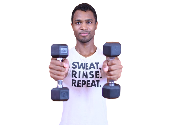 Pierce wearing a shirt that says sweat rinse repeat and holding two dumbbells getting ready to teach a bootcamp in nassau county