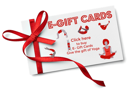 An e-gift card with a red ribbon tied around it for hot yoga carle place