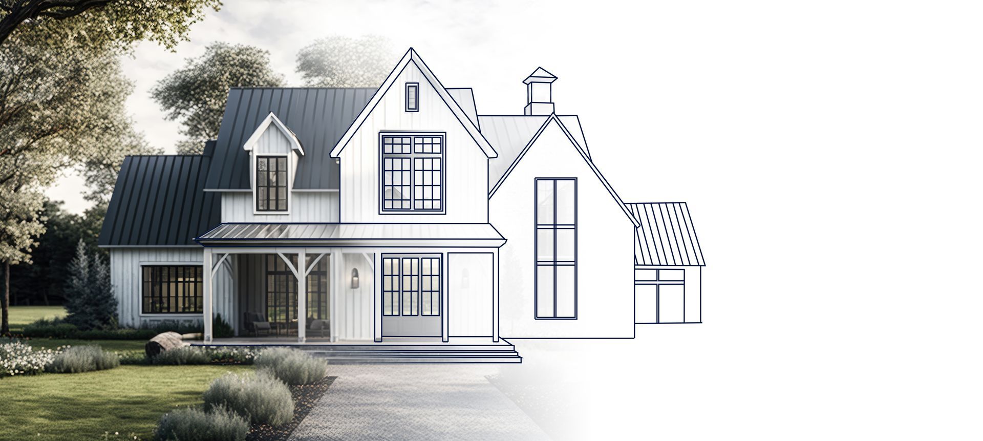 Half-finished house design: One side is a completed rendering of a white house with dark roof, the other side is a line drawing.