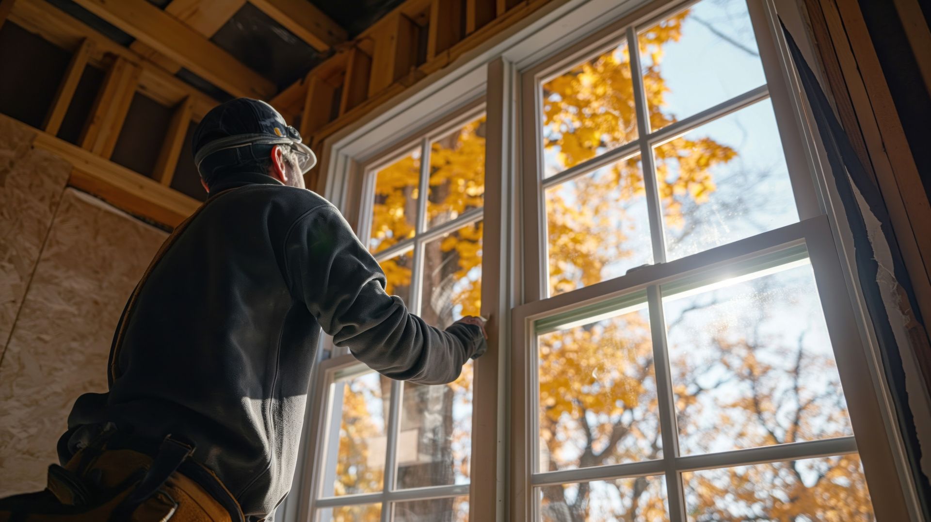 Un ouvrier du bâtiment installe une fenêtre, regardant les arbres aux couleurs automnales.