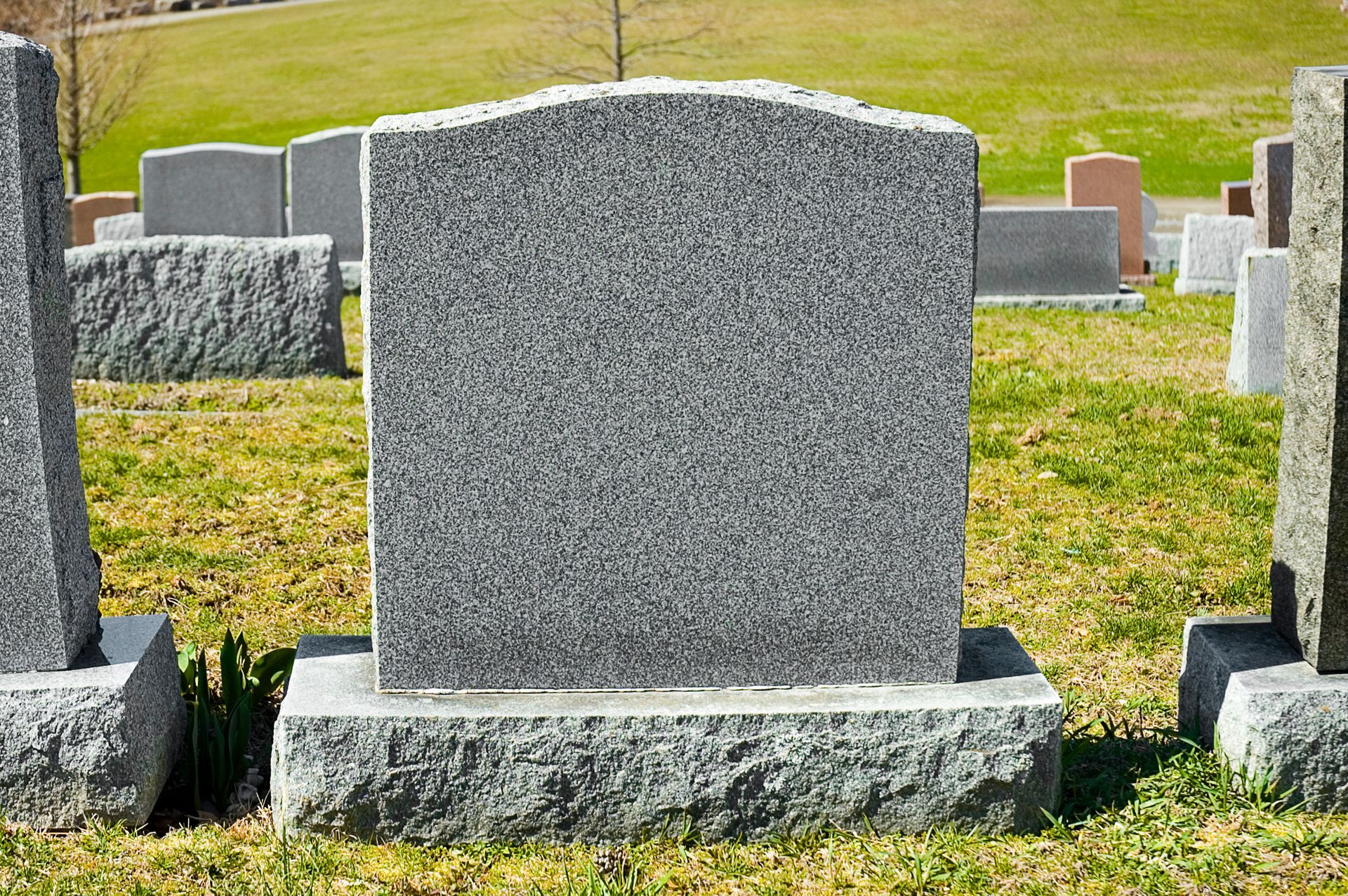 Blank granite headstone, showcasing memorial monuments, set in a serene cemetery background.