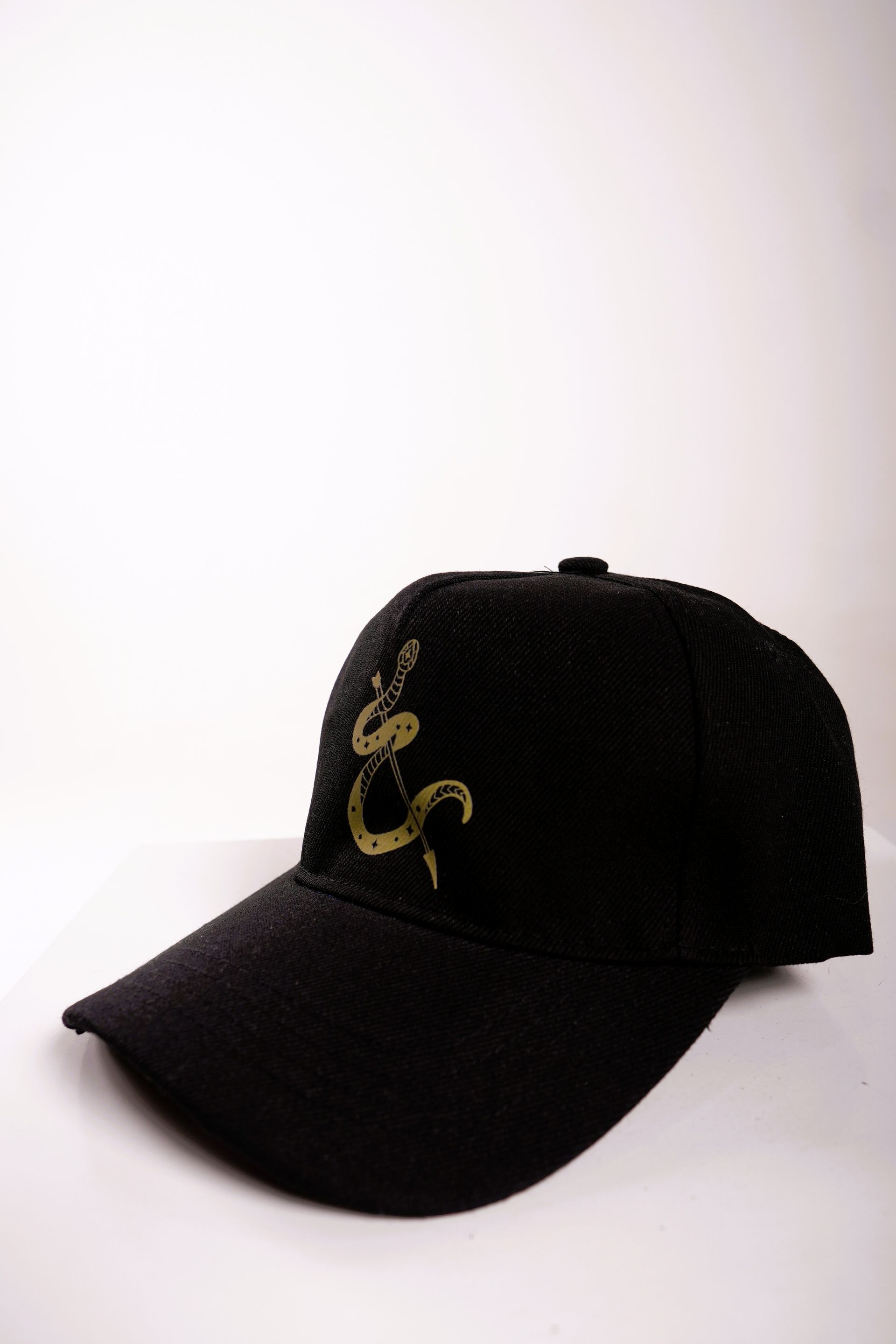 Gorra de béisbol negra con diseño de serpiente dorada.
