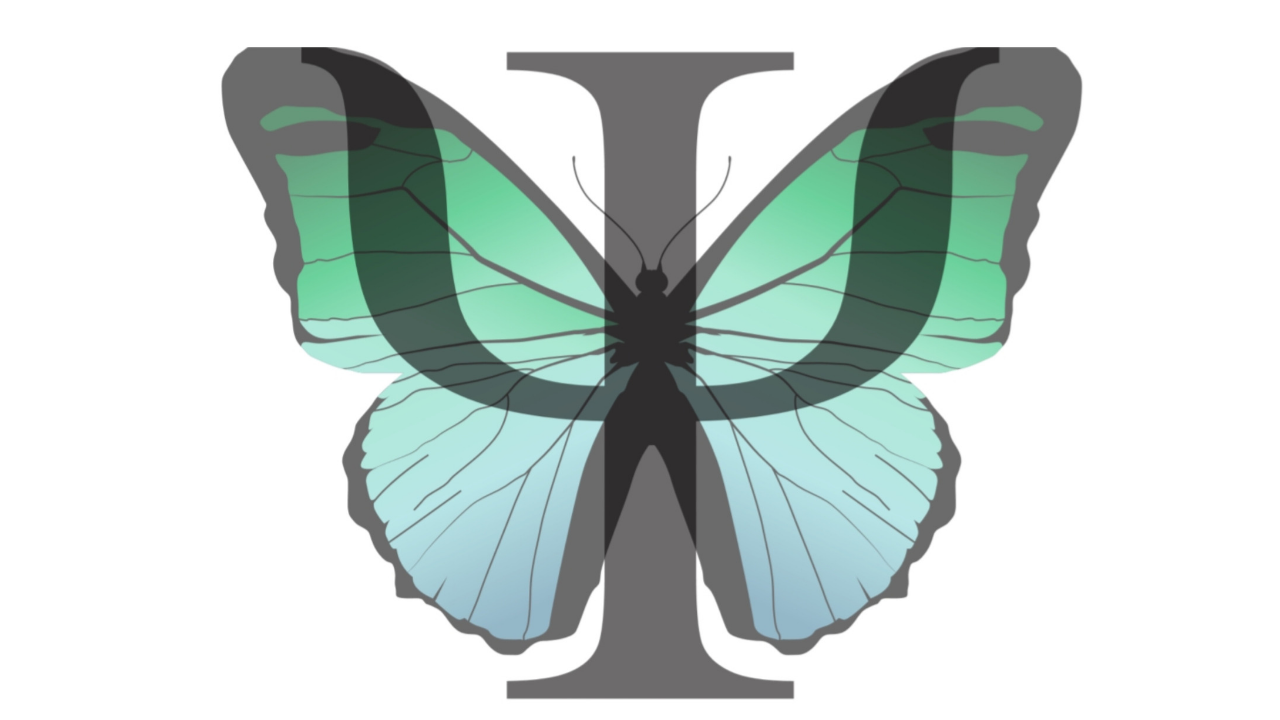 Een turquoise en blauwe vlinder is over een grote, grijze Griekse letter psi (Ψ) heen geplaatst.