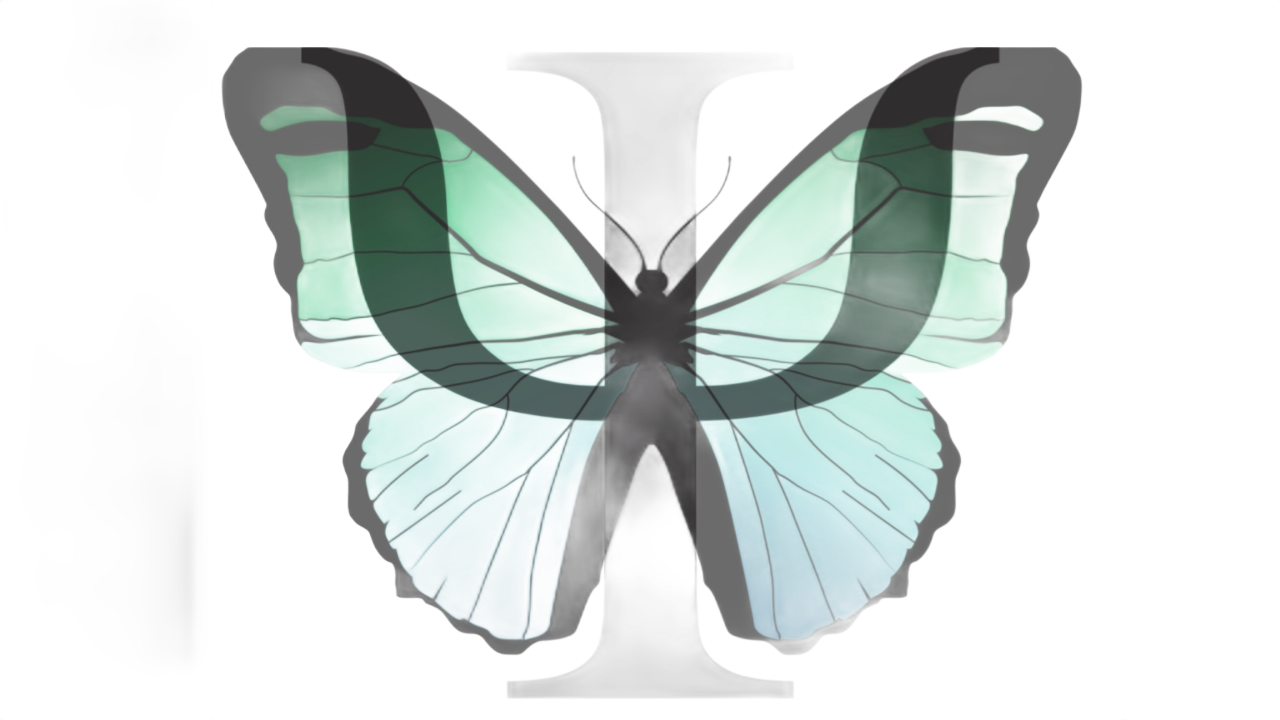 Een gestileerde, doorschijnende vlinder in tinten turquoise en zwart is over een vage, witte letter 