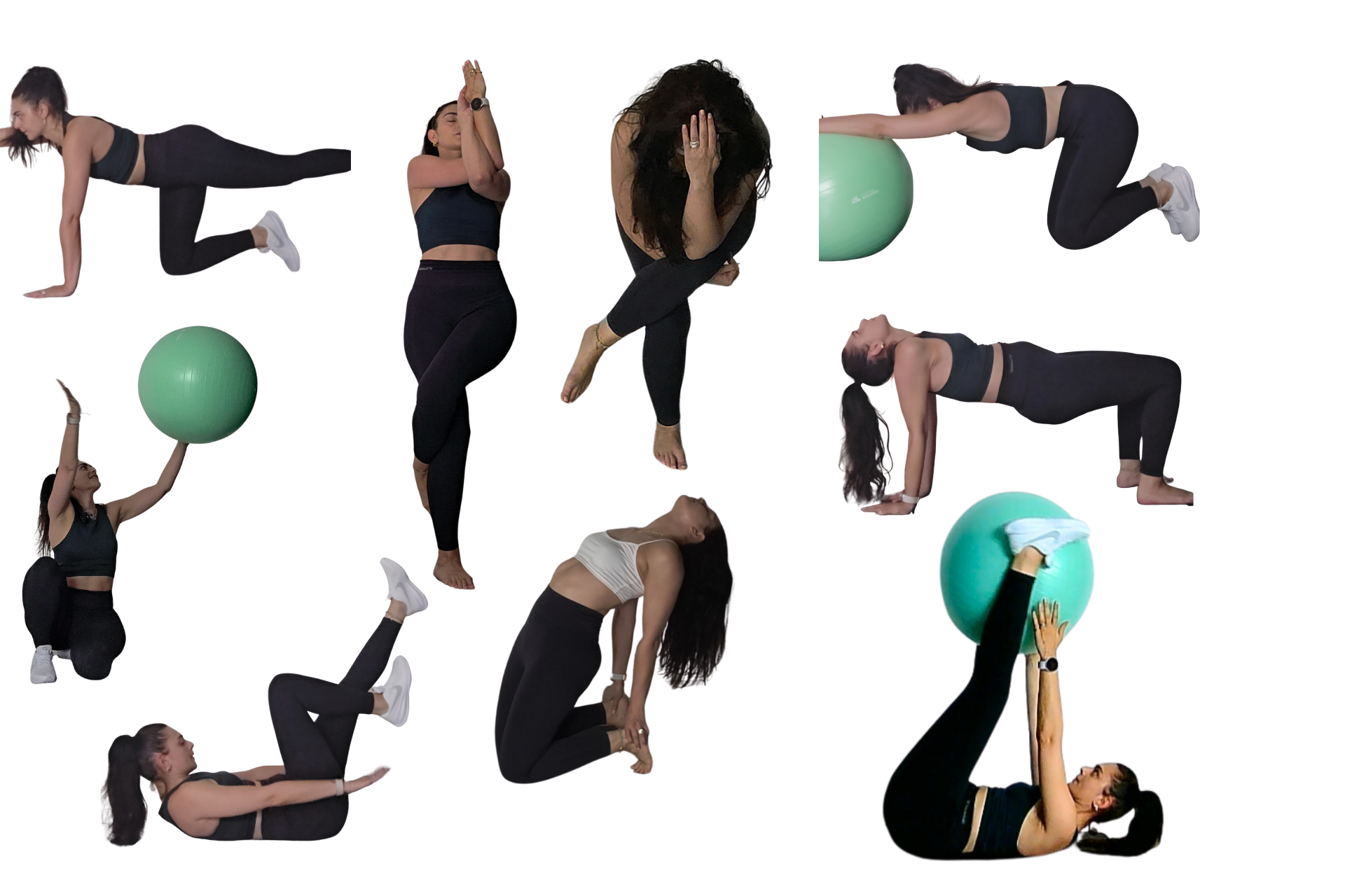 Vrouw in beige sportkleding doet binnenshuis een yoga-boomhouding.