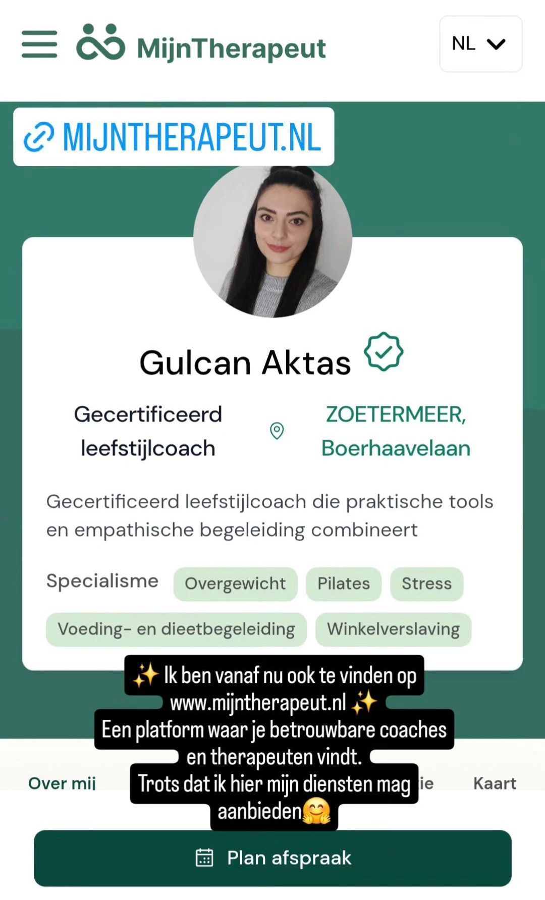 Vrouwenprofiel op MijnTherapeut: Gecertificeerd lifestylecoach, Gulcan Aktas, Zoetermeer, biedt ondersteuning en praktische tools.