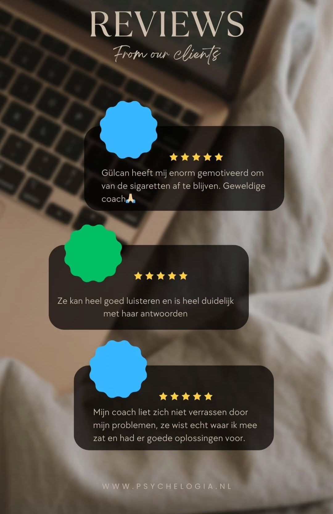 Grafische beoordeling met laptopachtergrond; tekst in zwarte vakken; blauwe en groene vormen.