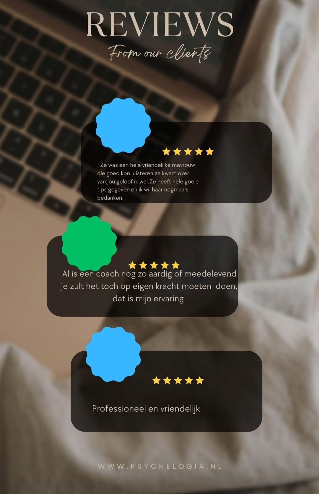 Grafische weergave van recensies met getuigenissen van klanten, sterrenbeoordelingen en blauw/groene accenten, tegen een achtergrond van laptop en beddengoed.