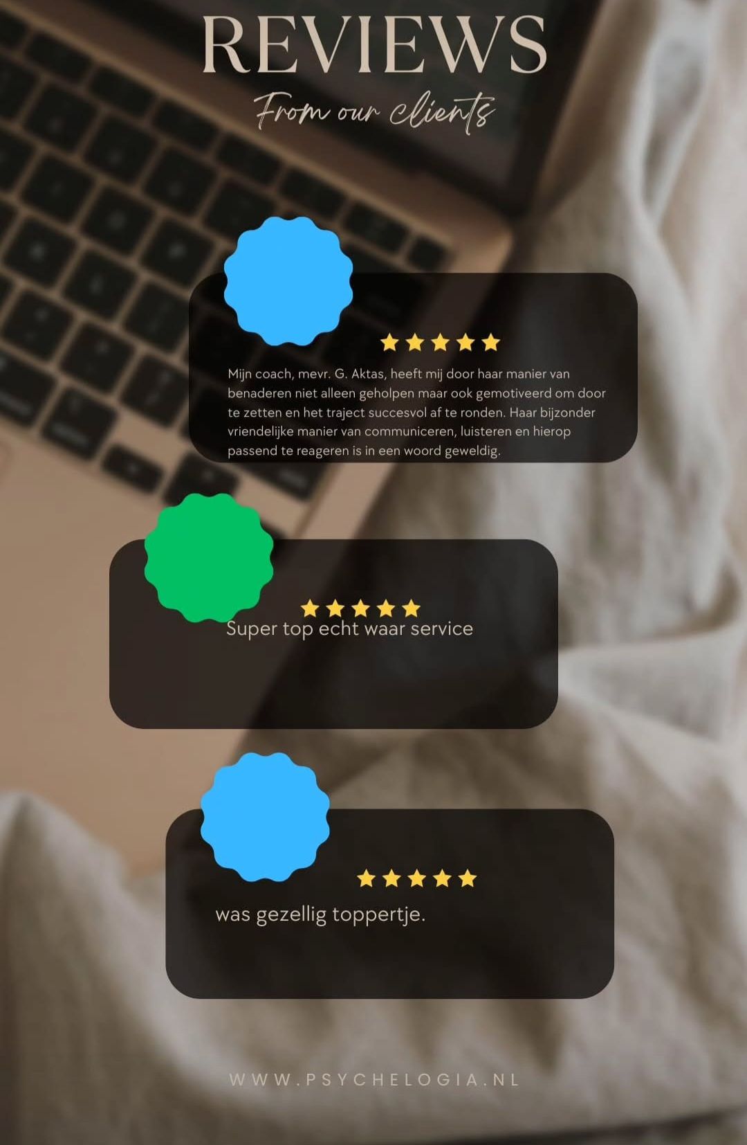 Beoordelingen: Tekstvakken met klantgetuigenissen en sterrenbeoordelingen via een laptop.