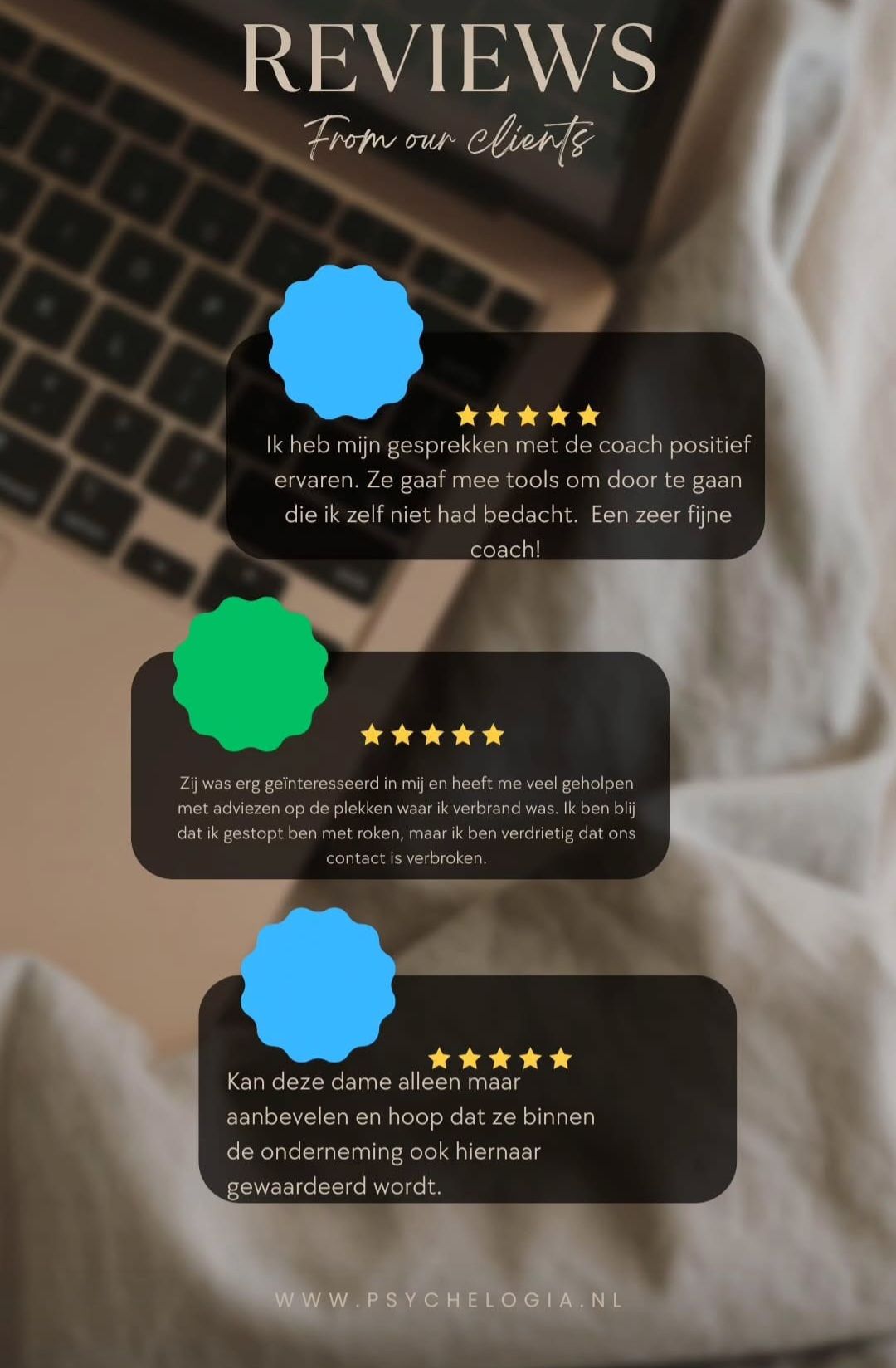 Beoordelingen van klanten op een laptopachtergrond, met positieve getuigenissen en sterrenwaarderingen.