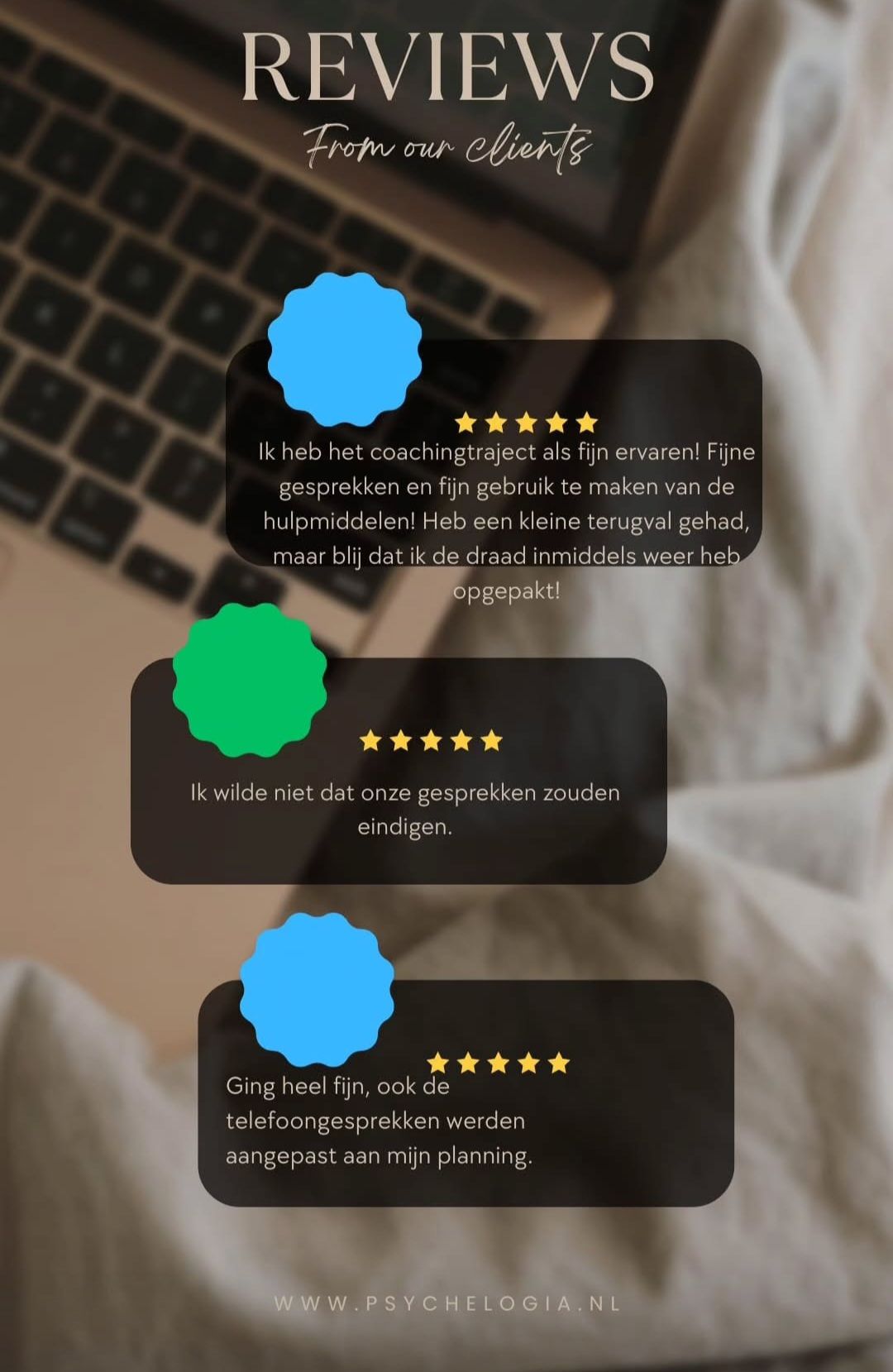 Beoordelingen van klanten via een laptop, met beoordelingskaarten met drie sterren en blauwe en groene markeringen.