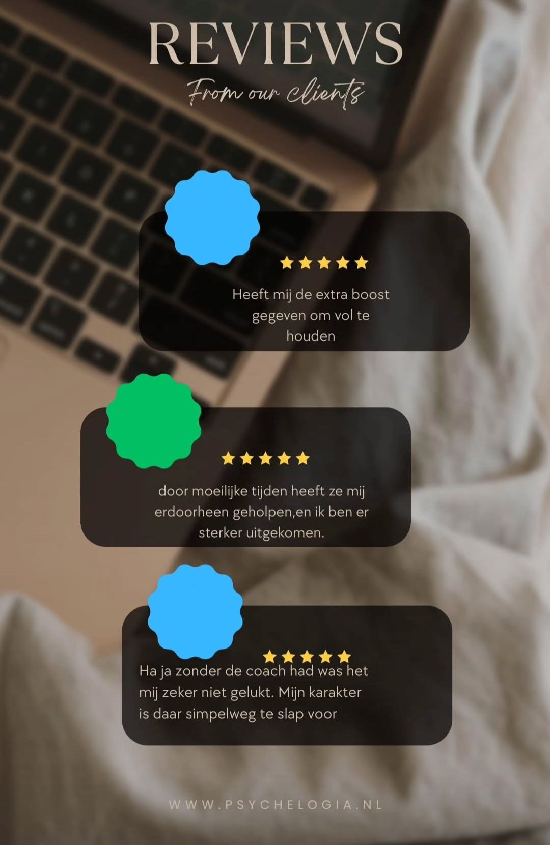 Grafische weergave van recensies met klantgetuigenissen en 5-sterrenbeoordelingen. Laptop op bed op de achtergrond.