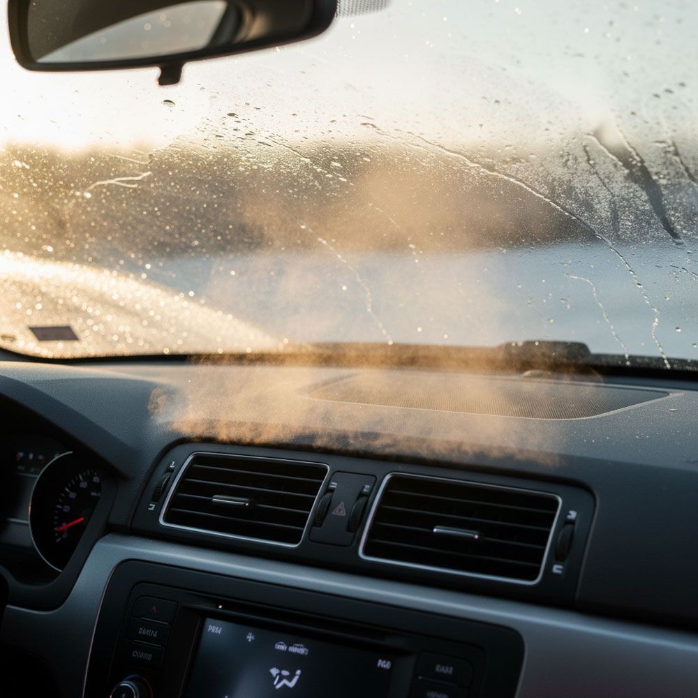 Interior view of a car with steam rising from the dashboard and a partially clear windshield, suggesting defrosting.