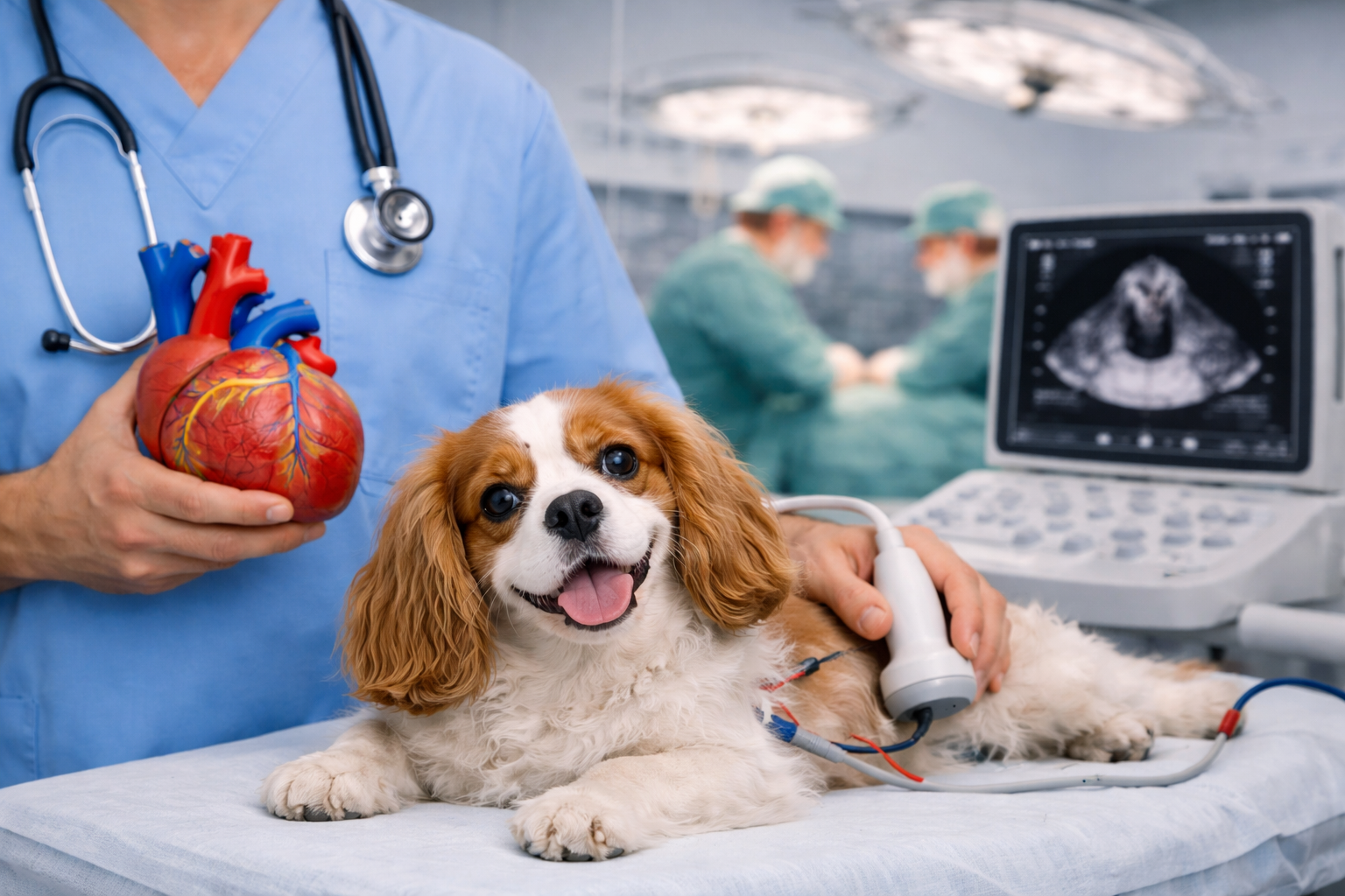 Un veterinario utilizza un ecografo su un cane mentre tiene in mano un modello di cuore, con un ecocardiogramma visualizzato su un monitor.