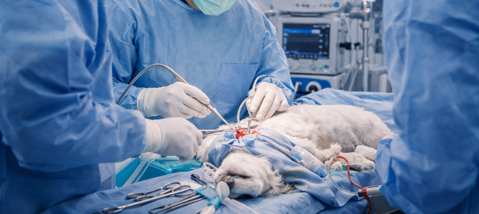 In una sala operatoria, dei veterinari in camice blu eseguono un intervento chirurgico su un cane sdraiato su un tavolo.