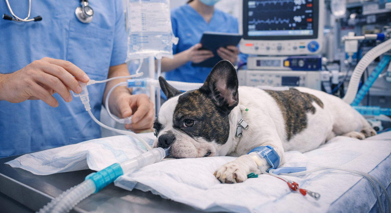 In una clinica, un veterinario prepara una flebo per un bulldog francese sotto anestesia su un tavolo operatorio.