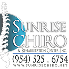 Logo for Sunrise Chiro: spine illustration, turquoise circle, and white text with phone number and website.