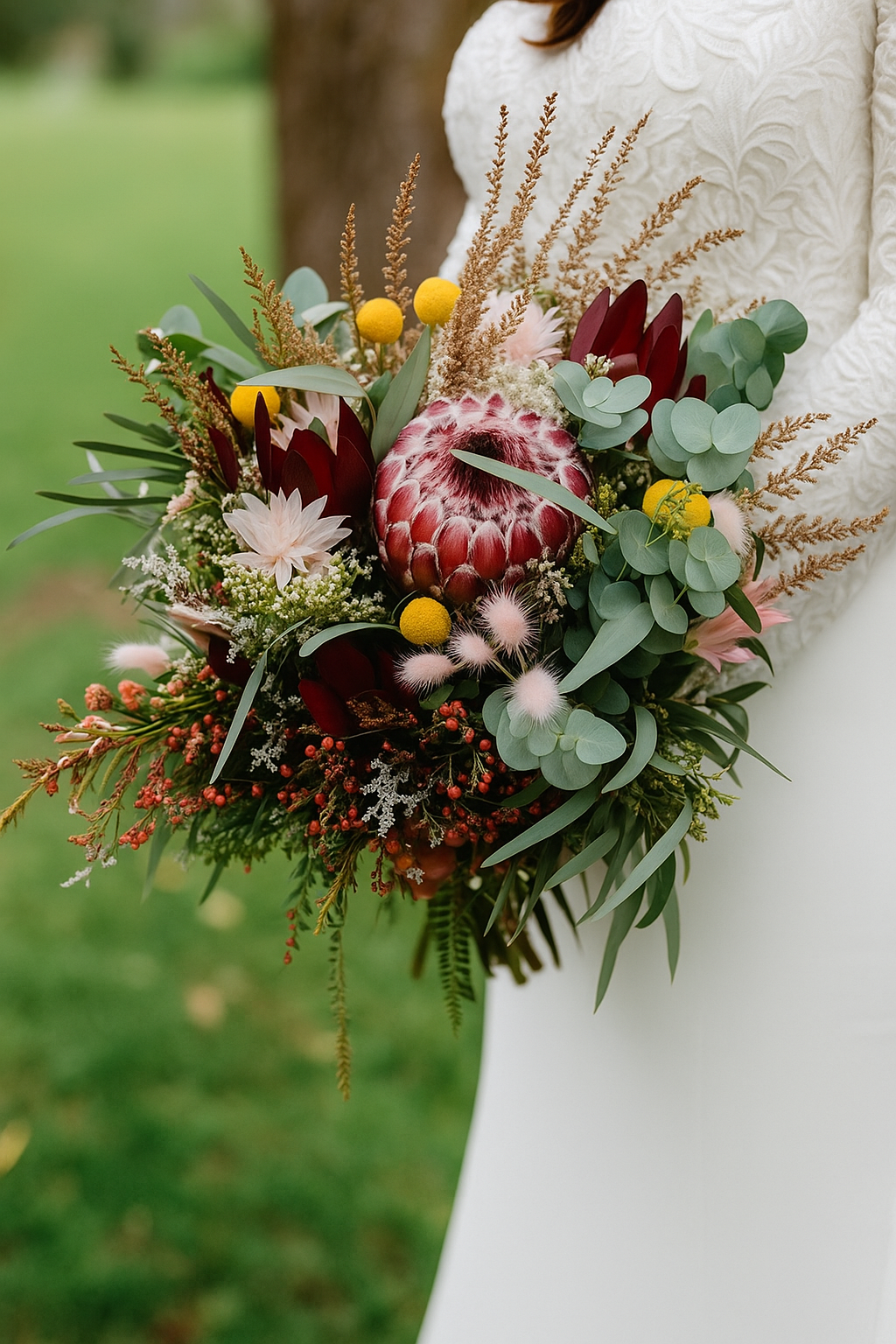 Bride in white dress holding colorful floral bouquet outdoors.