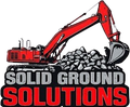 Red excavator scooping up rocks; "Solid Ground Solutions" logo.