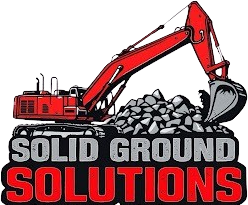 Red excavator scooping up rocks; "Solid Ground Solutions" logo.
