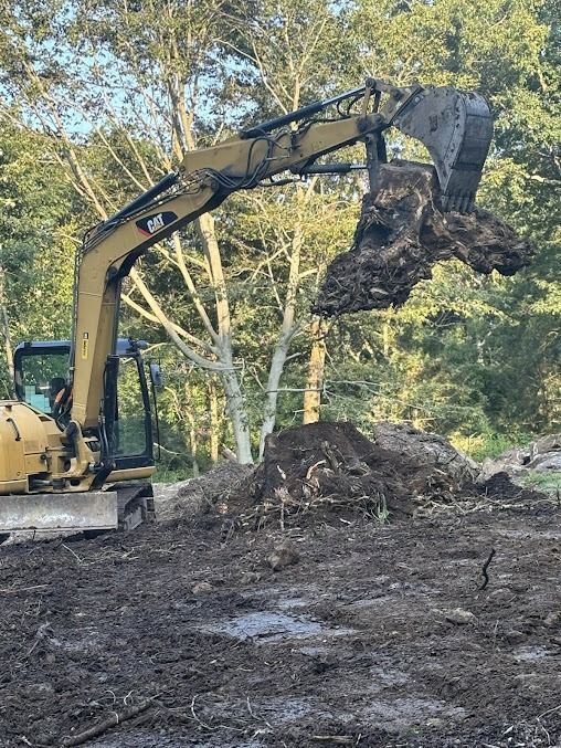 Yellow excavator lifting a large tree stump from a muddy ground. Behind is a forest in daylight.