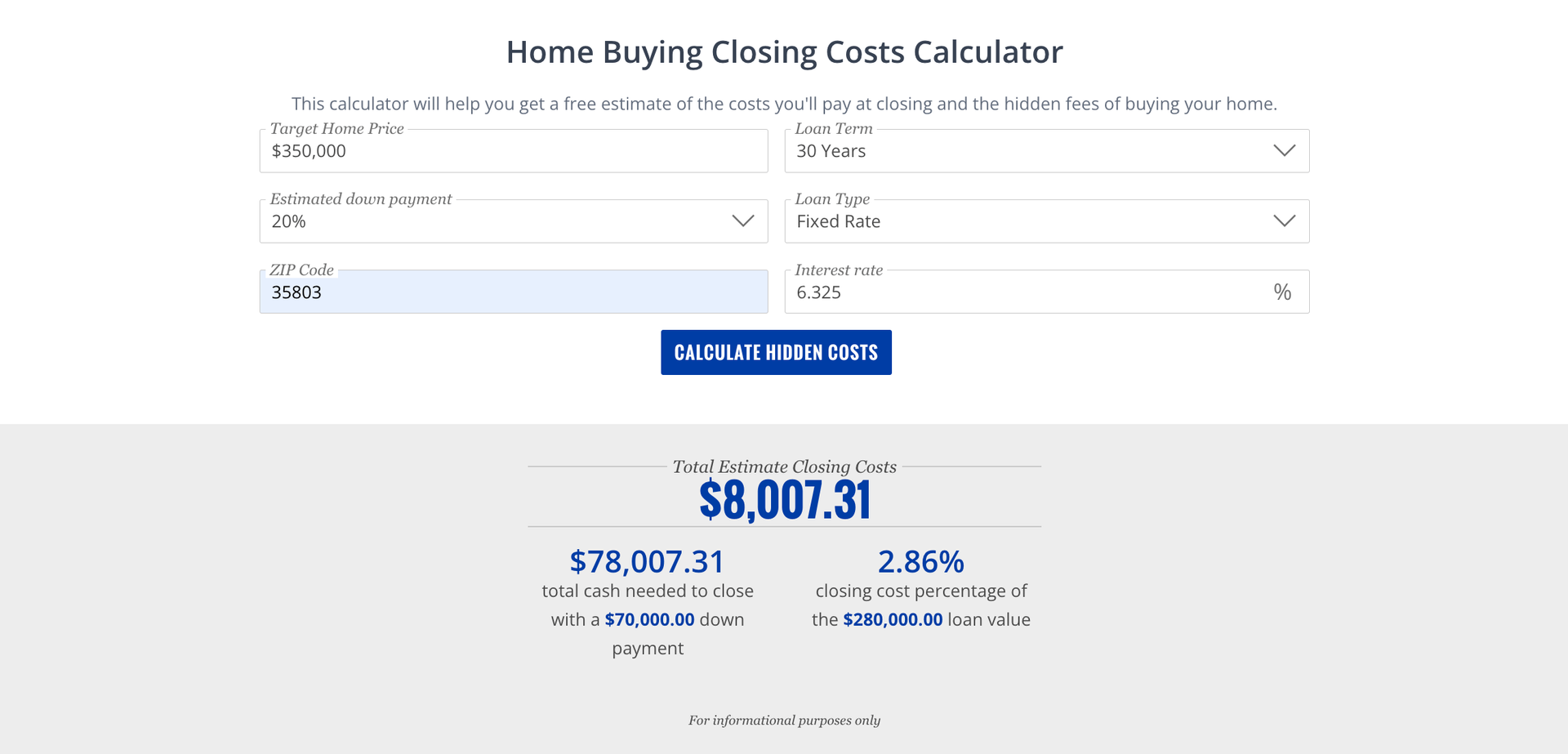 sample output of a closing costs calculator image