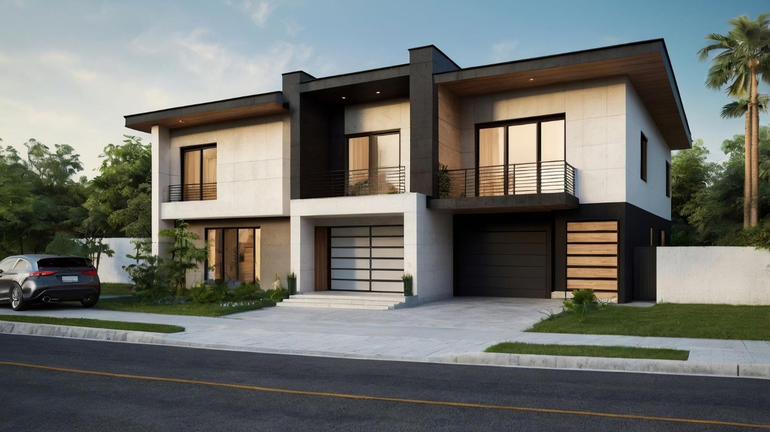 Modern two-story house with gray and black exterior, two-car garage, and a small palm tree.