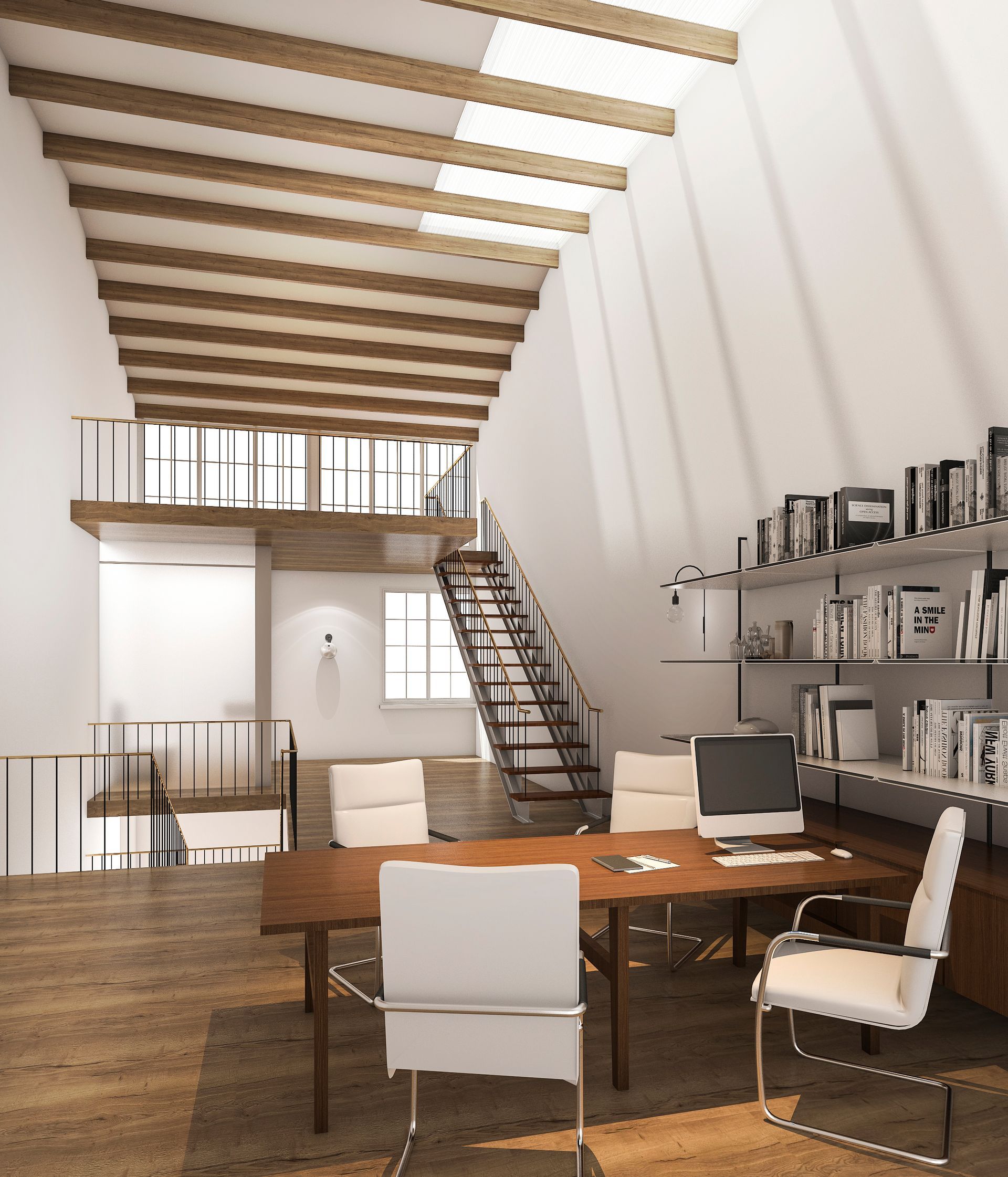 A room with a table and chairs and a staircase