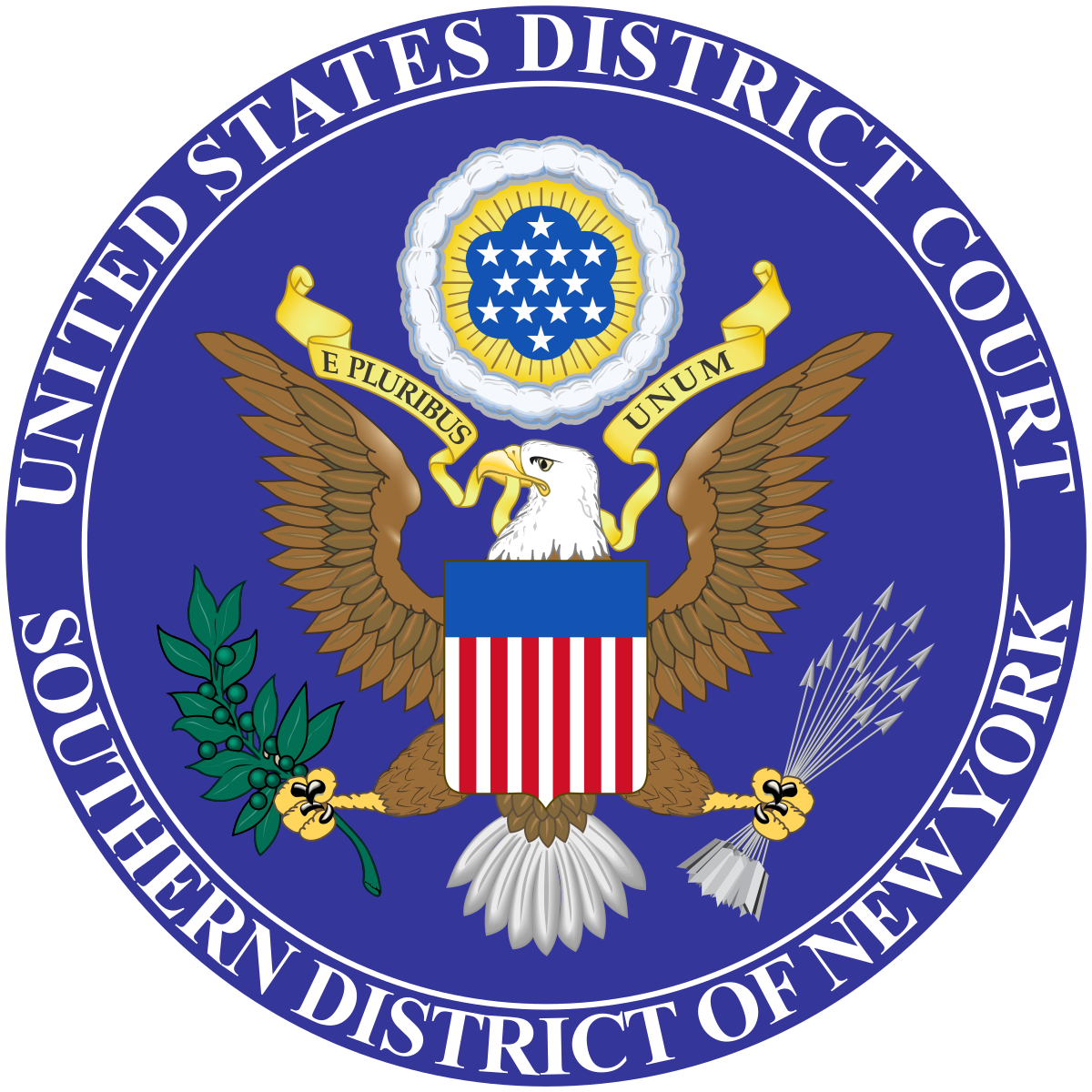 Seal of the United States District Court, Southern District of New York. Blue, with eagle, shield, stars, and text.