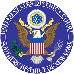 Seal of the United States District Court, Southern District of New York: an eagle with shield, holding arrows and olive branch, blue and gold circular border.