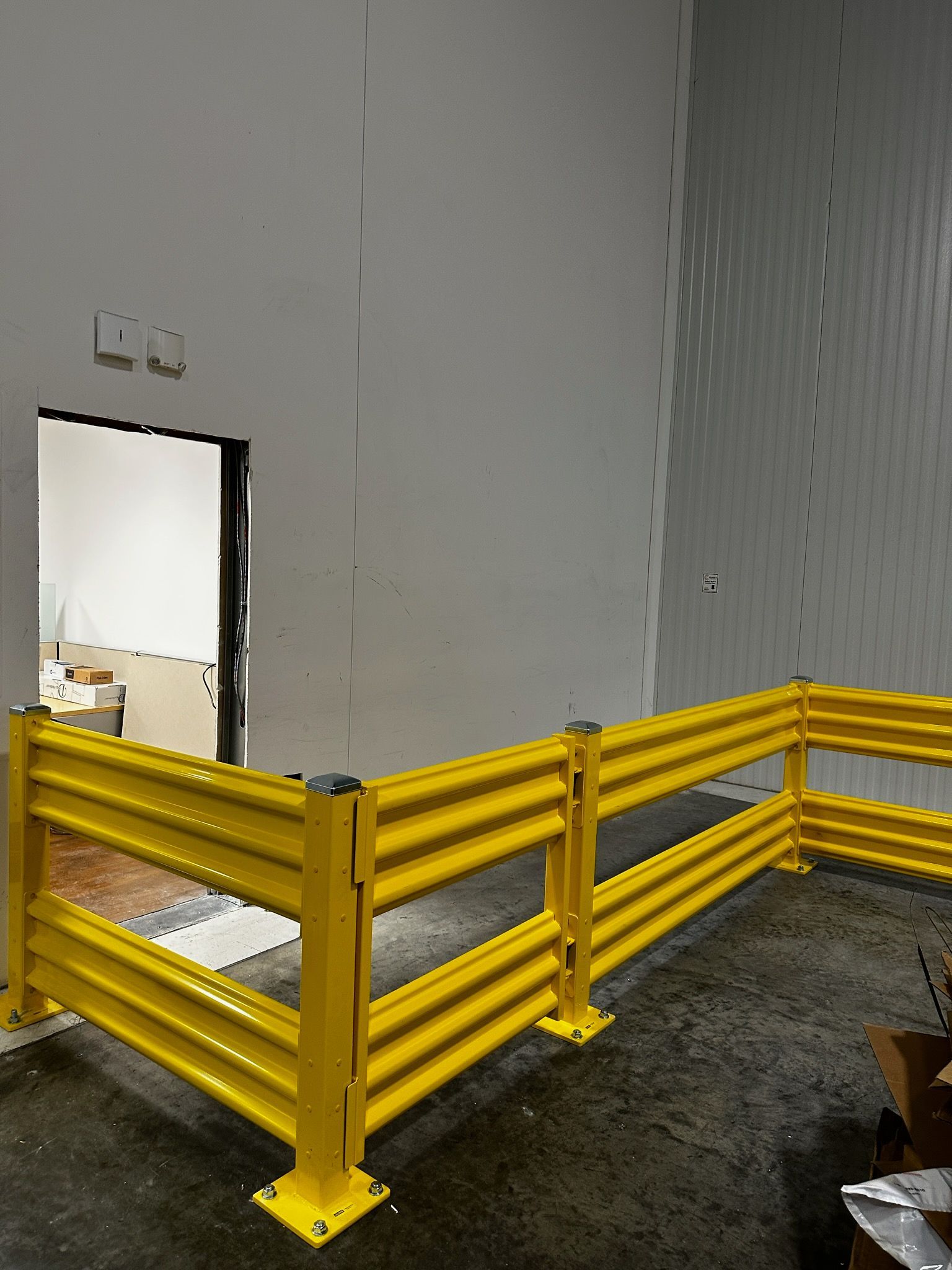 Heavy duty warehouse guard rail with 3' wide swing gate