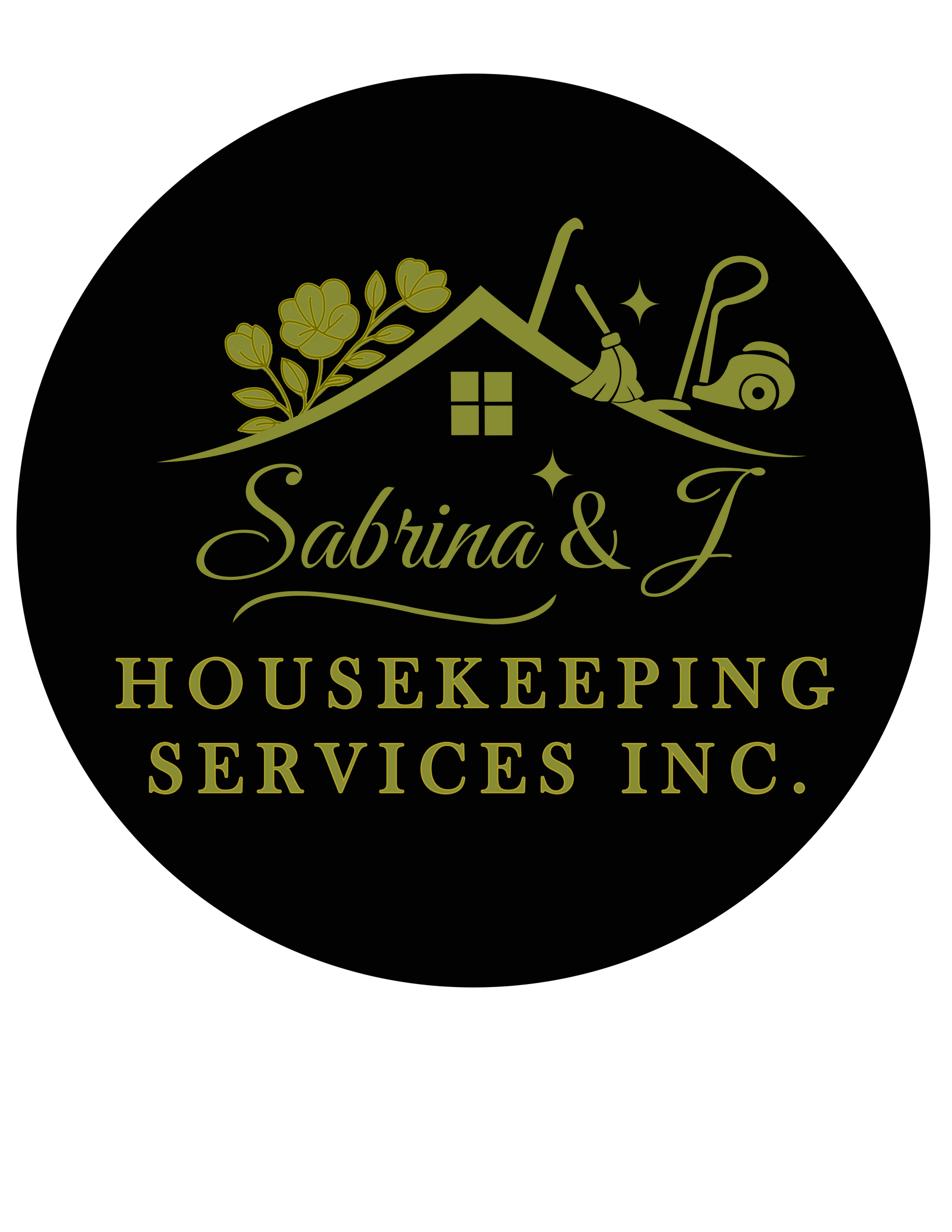 Gold logo on a dark, colorful background: "Sabrina & J" with floral house, cleaning tools, and "Housekeeping Services Inc."