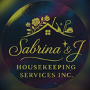 Gold logo on a dark, colorful background: "Sabrina & J" with floral house, cleaning tools, and "Housekeeping Services Inc."