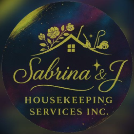 Gold logo on a dark, colorful background: "Sabrina & J" with floral house, cleaning tools, and "Housekeeping Services Inc."