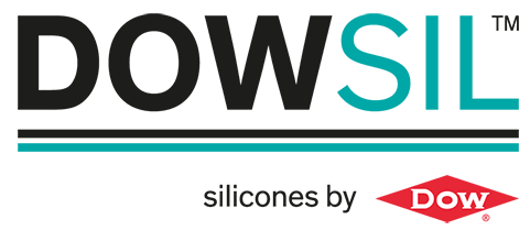 Logo DOWSIL, texte noir et bleu sarcelle avec lignes horizontales, texte « silicones by Dow » et logo Dow rouge.