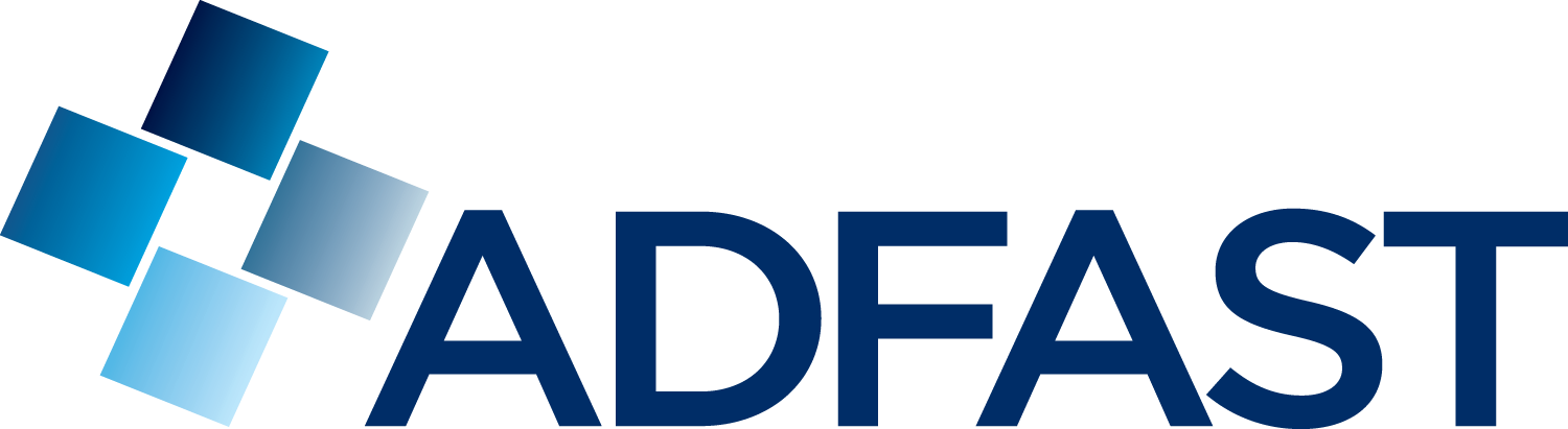 Logo ADFAST avec carrés bleus et texte bleu foncé.