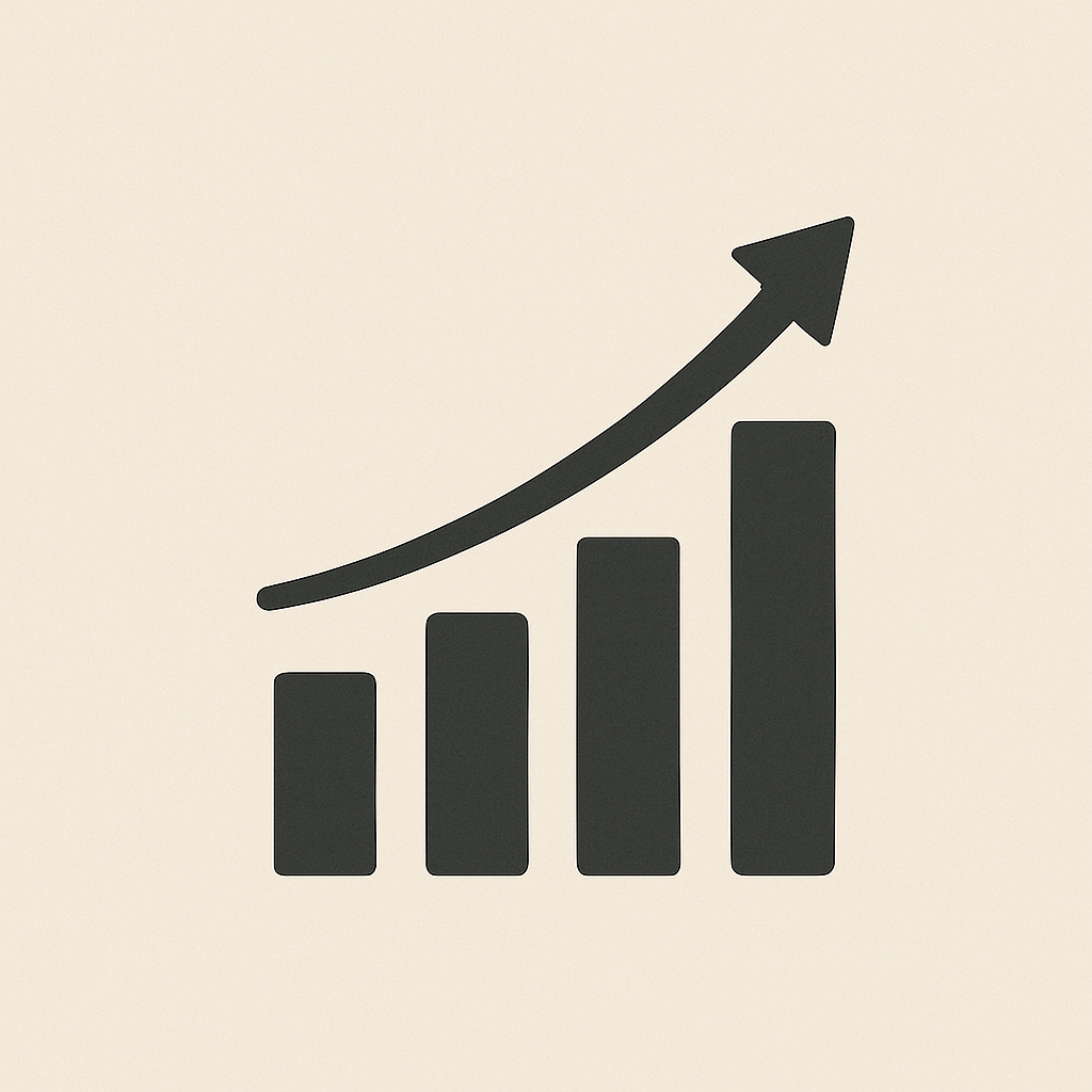 Bar graph with an upward trending arrow, representing growth.