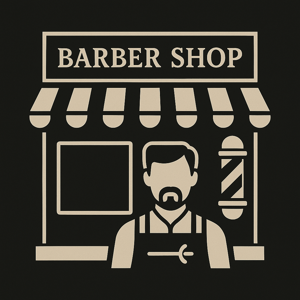 A beige barber shop icon with a barber, striped pole, and sign on a black background.